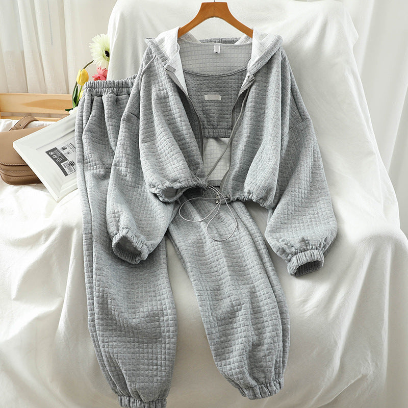 Two-Piece Cropped Hooded Waffle Texture Tracksuit Set