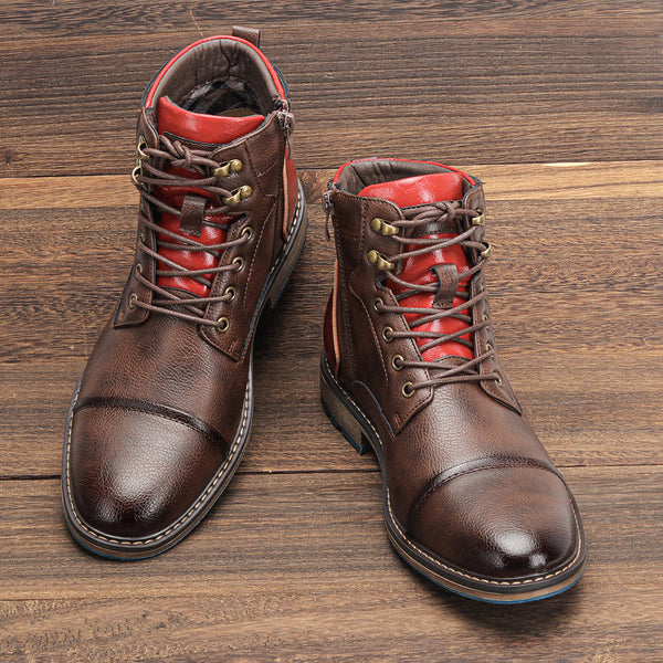 Men’s Boots - Leather - Cap Toe - Lace-Up - Side Zipper - Padded Ankle Collar