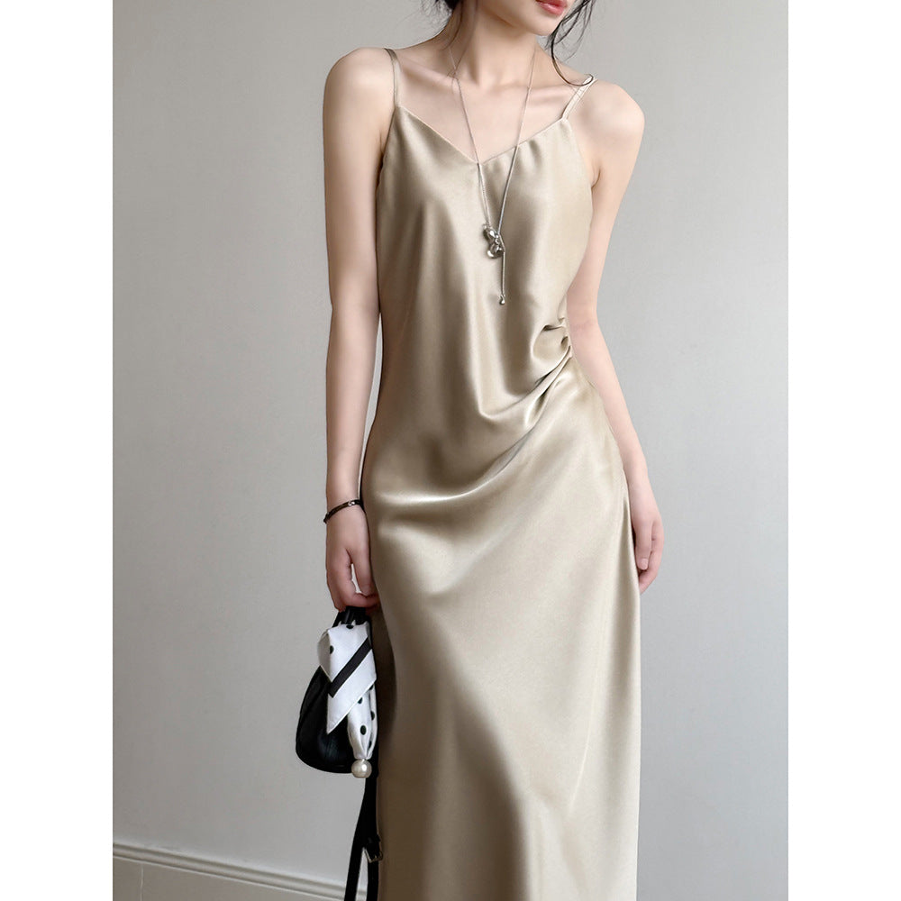 Dame Maxikjole – Satin Look – A-Line Pasform – Spaghettistropper – Elegant Drapering