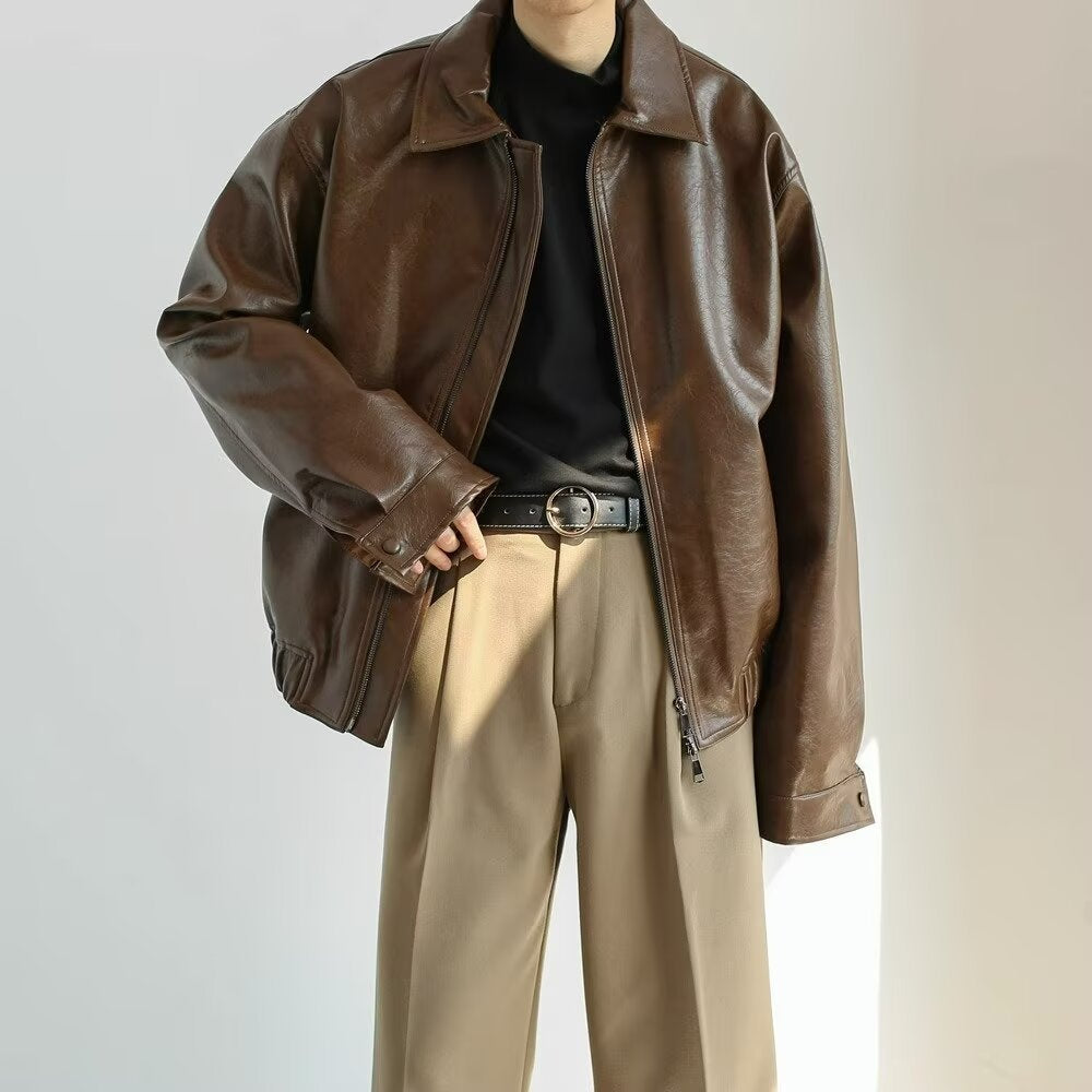 Men's Leather Jacket – Oversized Fit – Cropped Cut – Zipper Closure – Streetwear Style