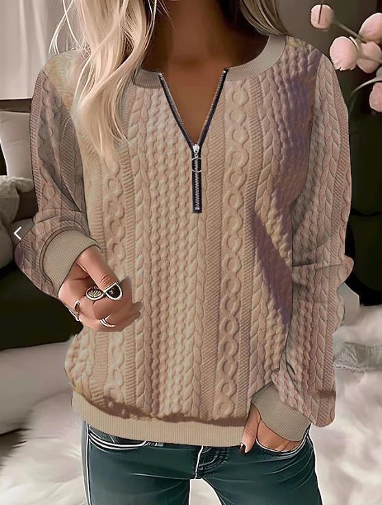 Wool Blend Cable Knit Zip Neck Sweater