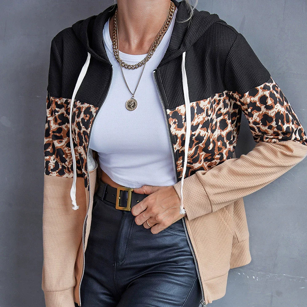 Zipper Front Patchwork Design Hooded Sweatshirt