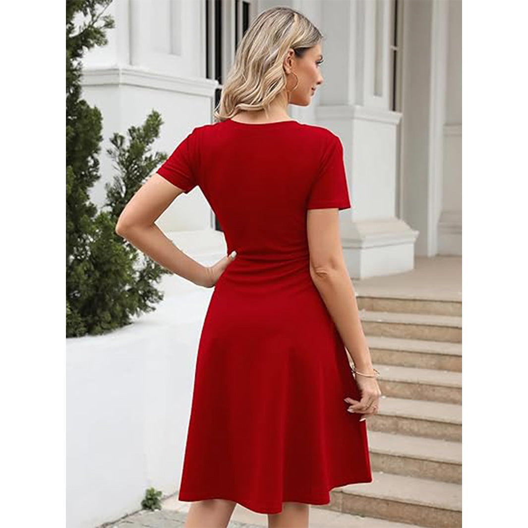 Dress for women – Fit and flare cut – Knee length – Short sleeve – Round neck