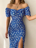Dress for Women – Off-Shoulder Midi – Slim Fit – Ruched Waist – Slit – Puff Sleeves