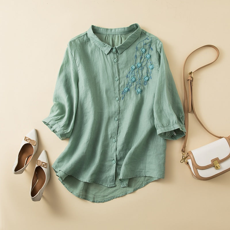 Women's Shirt – Natural Fibers – Relaxed Fit – Embroidered Chest – Medium-Length Sleeve