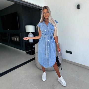 Dame Denim Kjole – Ærmeløs – Knaplukning – Bindebånd – Midi Længde – Casual Pasform