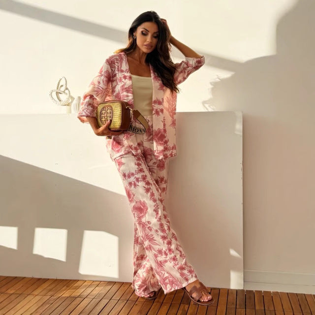 Dame Sæt – Blomstret Kimono Top med 3/4 Ærmer – Løse Bukser i Let Materiale