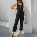 Women's jumpsuit – Sleeveless V-neck – Textured fabric – Relaxed fit – Belt at waist