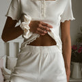 Women's Lounge Set – Rib Knit – Relaxed Fit – Short-Sleeved – Button Closure – Ruffle Edge