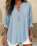 Women's Shirt with Long Sleeves – Cotton Linen – Relaxed Fit – Stand Collar