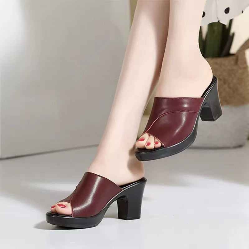 Women's Mules with Heel – Soft Leather – Block Heel – Peep Toe – Slip-On Comfort Fit