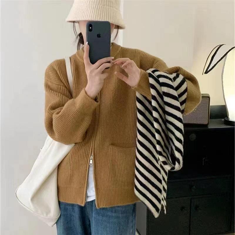 Women's Cardigan – Ribbed Knit Wool Mix – Oversized Fit – Double Zipper – With Pockets