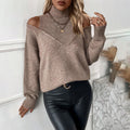 Women's Knit Sweater – Relaxed Fit – Off-Shoulder V-Neck – Ribbed Edges – Wool Blend