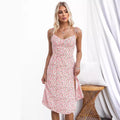 Dress for women – Midi – Slim fit – V-neckline – Spaghetti straps – Floral print – Slit