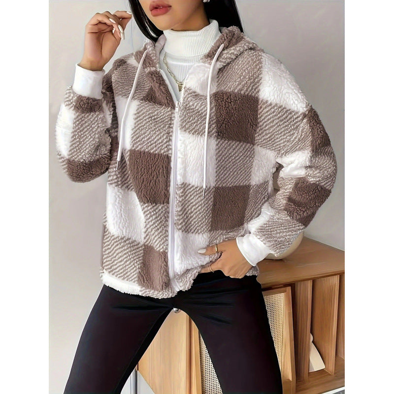Fluffy Fleece Hooded Checkered Cardigan Jacket