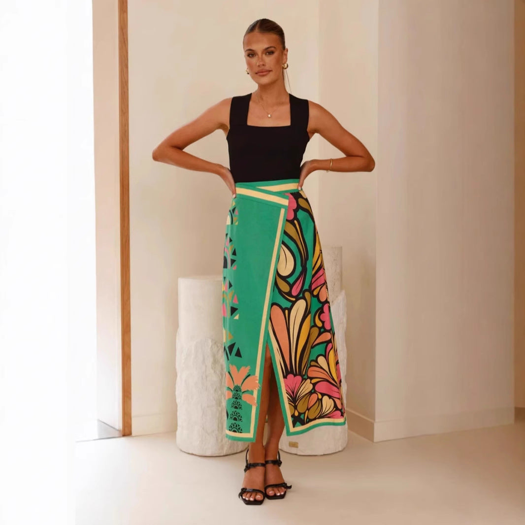 Abstract Print High-Waist Front Slit Midi Skirt