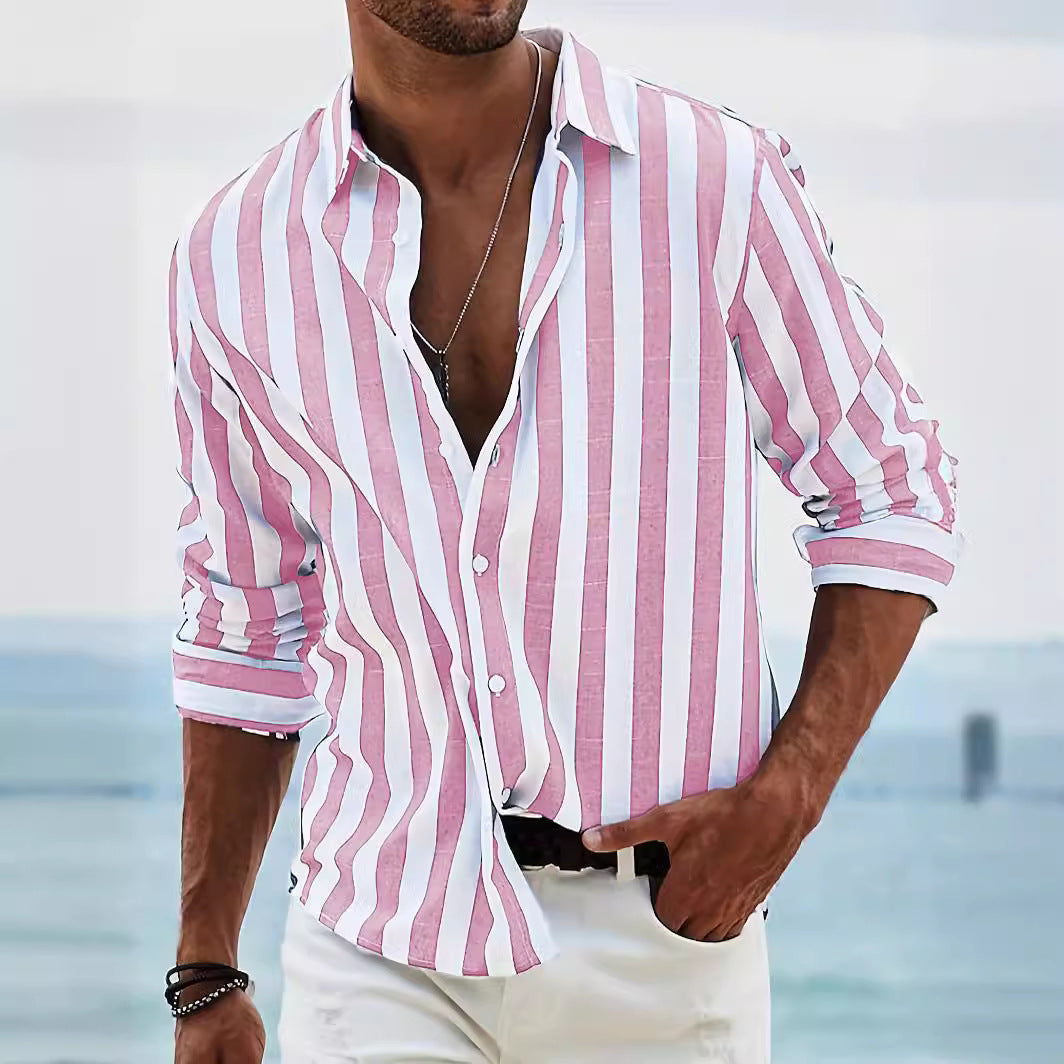 Men's Shirt with Long Sleeves – Cotton Linen Blend – Relaxed Fit – Striped Design
