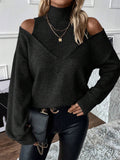Women's Knit Sweater – Relaxed Fit – Off-Shoulder V-Neck – Ribbed Edges – Wool Blend