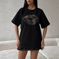 Women's T-shirt – Loose Fit – Cotton Blend – Leopard Lips Print – Short Sleeve
