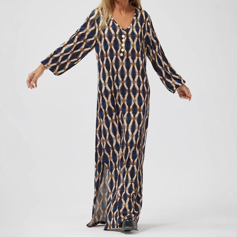 Loose Fit Printed Button Detail Midi Dress