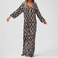 Dress for women – Midi length – V-neck – Loose fit – Print with button details