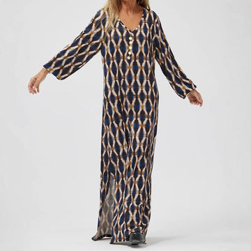 Loose Fit Printed Button Detail Midi Dress