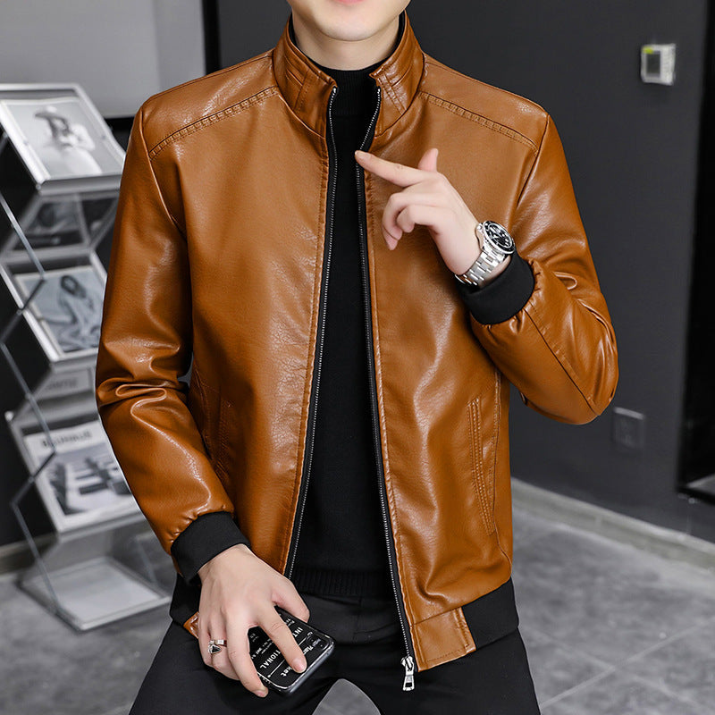 Leather Slim Fit Stand Collar Jacket