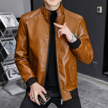 Leather Slim Fit Stand Collar Jacket