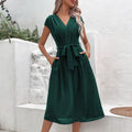 Women's A-line dress – V-neck – Short sleeve – Tie belt – Midi – With pockets
