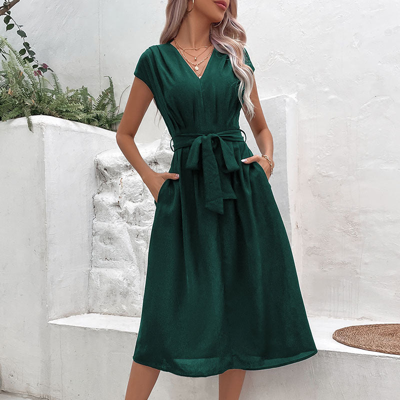 Women's A-line dress – V-neck – Short sleeve – Tie belt – Midi – With pockets