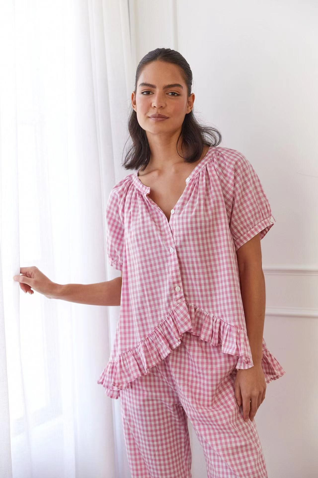 Women's Set with Shirt and Pants – Cotton – Relaxed Fit – Ruched Details