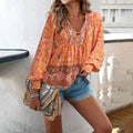 Women's Blouse – Light Rayon – Relaxed Fit – Bow Neck – Long Sleeves Boho Print