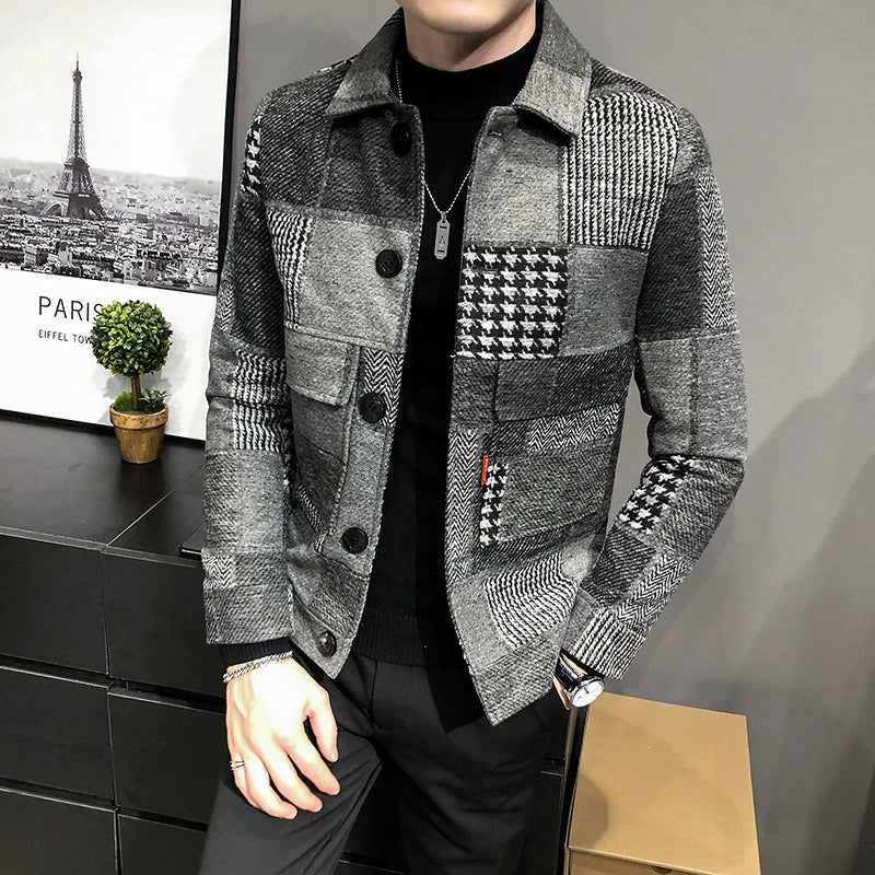 Plaid Patchwork Slim Fit Wool Jacket