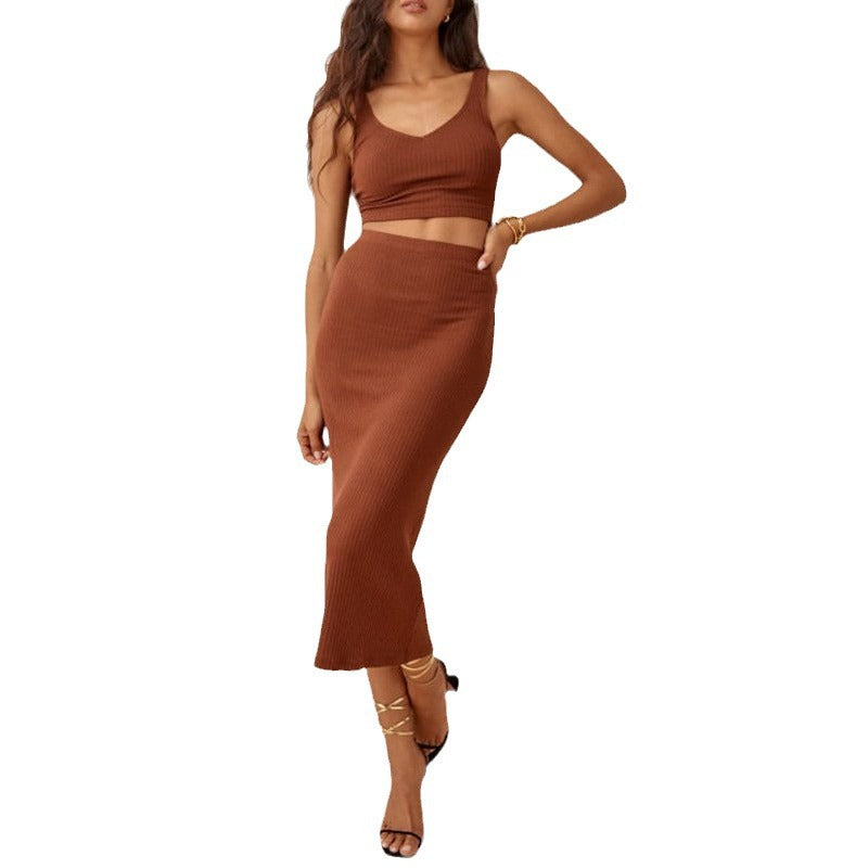 Women's Set – Ribbed Knit Crop Top and High-Waisted Midi Skirt – Slim Fit
