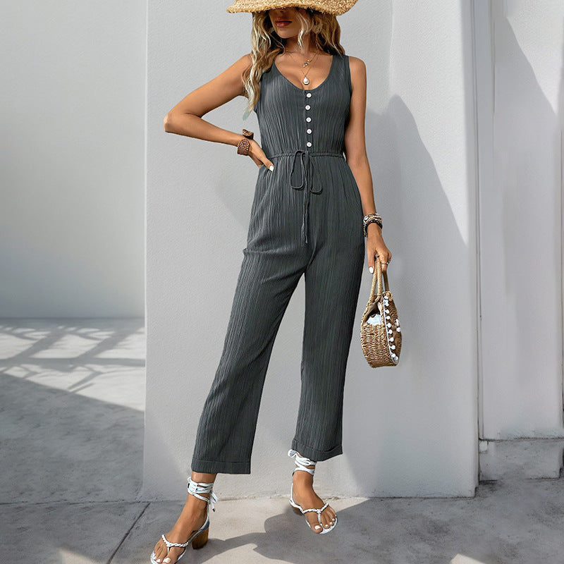 Textured Relaxed Fit V-Neck Jumpsuit