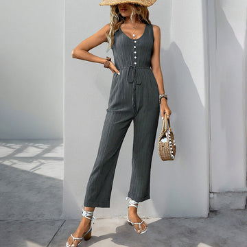 Textured Relaxed Fit V-Neck Jumpsuit