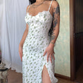 Women's Midi Dress – Tailored Fit – Floral Print – Sweetheart Neckline – Slit – Straps
