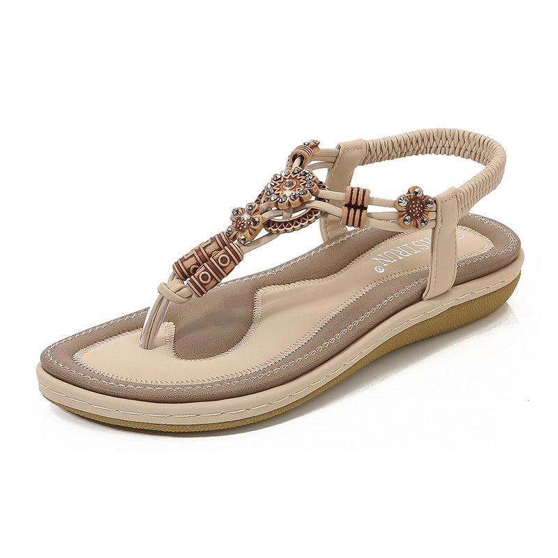 Women's Sandals – Flat Sole – Woven Toe Strap – Bohemian Wooden Beads – Relaxed Fit