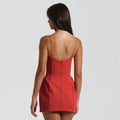 Dress for women – Slim fit – Mini length – Deep V-neckline – Open back – Straps
