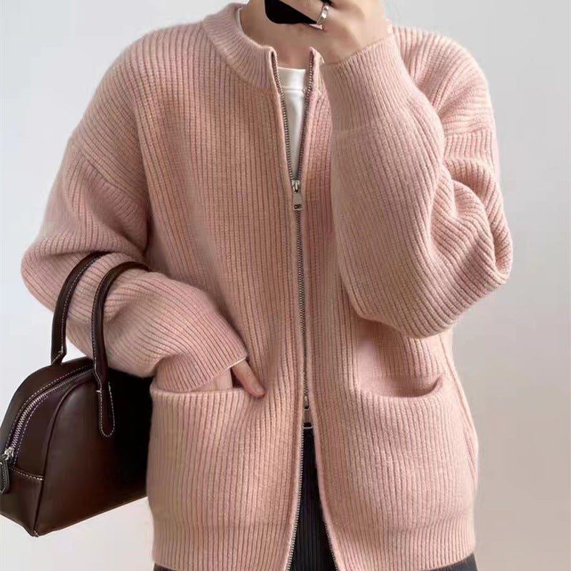 Ribbed Knit Wool Mix Double Zipper Cardigan