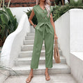 Women's Jumpsuit – Sleeveless – V-neck – Relaxed Fit – Tie Belt – Button Closure