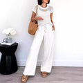 Women's set – Open-knit short-sleeved top – Wide-leg pants – Relaxed fit