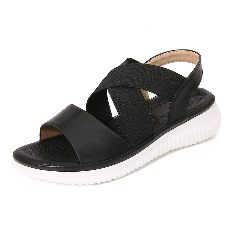 Women's Sandals – Flat Sole – Elastic Cross Straps – Open Toe – Comfort Slingback