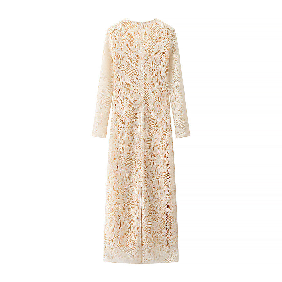 Women's dress in lace – Slim fit – Deep V-neckline – Long sleeves – Party dress