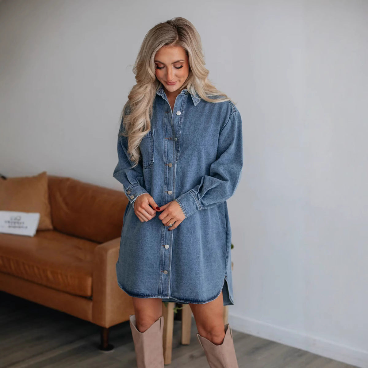 Women's Denim Jacket – Relaxed Fit – Knee Length – Belt – Long Sleeves – Button Closure