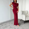 Dress for women – Evening dress – Bodycon fit – Off shoulder – Asymmetric neckline – Ruched details – Floor length