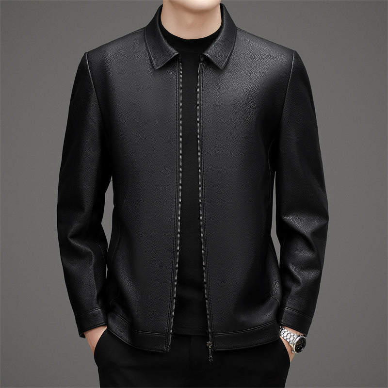 Point Collar Pebbled Texture Leather Jacket