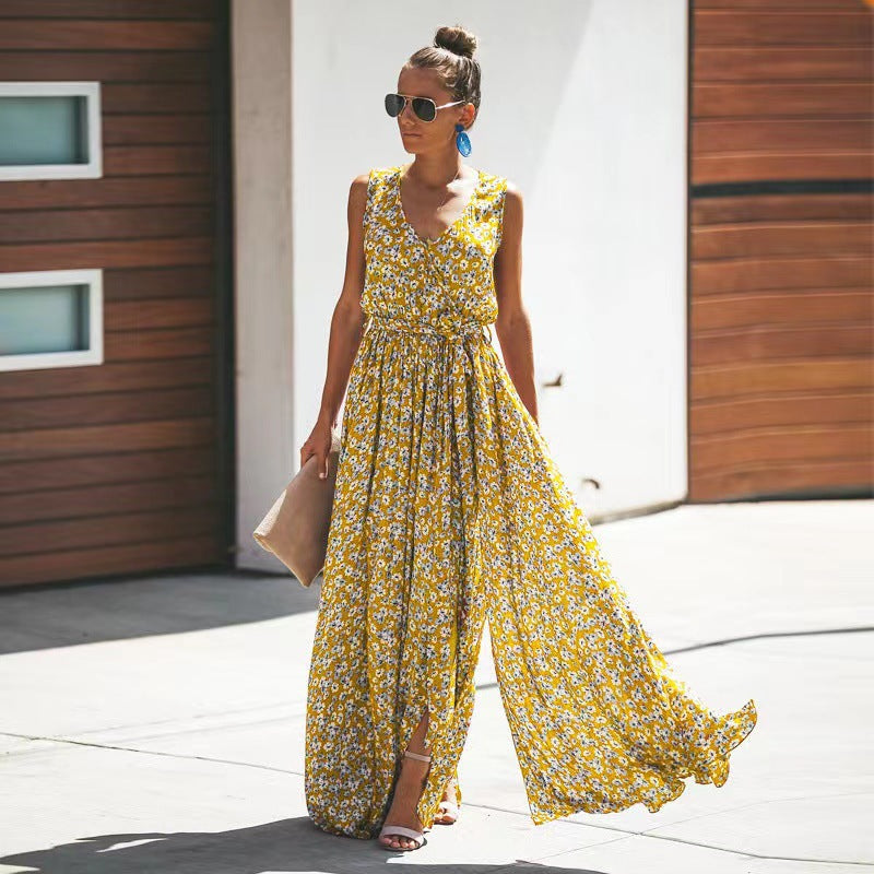 Women's Maxi Dress – Sleeveless – Light and Breathable – Deep V-neck – Tie Detail – Floral Print