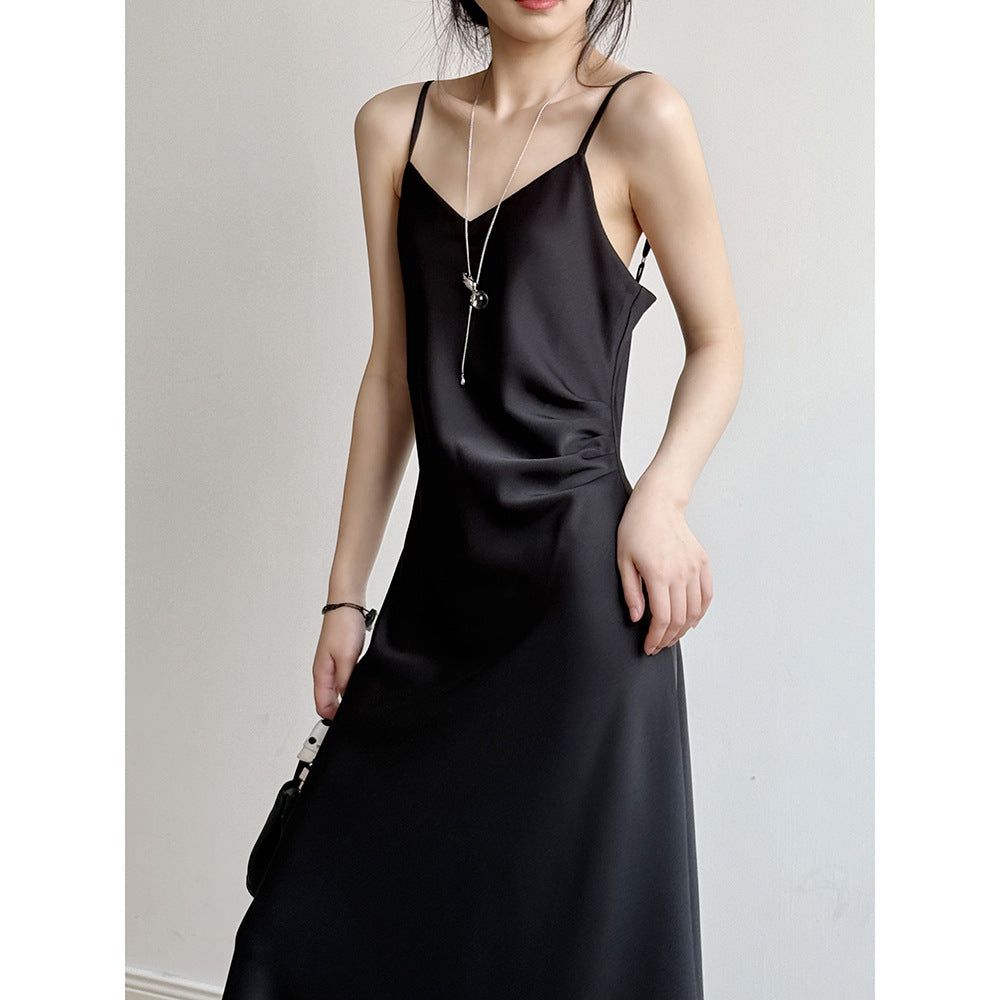 Dame Maxikjole – Satin Look – A-Line Pasform – Spaghettistropper – Elegant Drapering