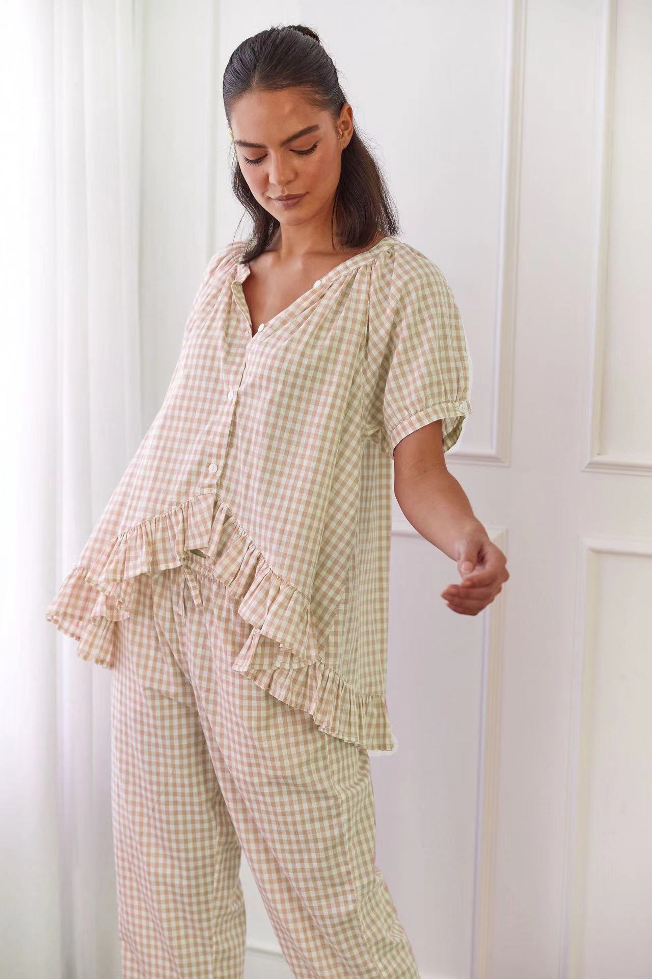 Women's Set with Shirt and Pants – Cotton – Relaxed Fit – Ruched Details